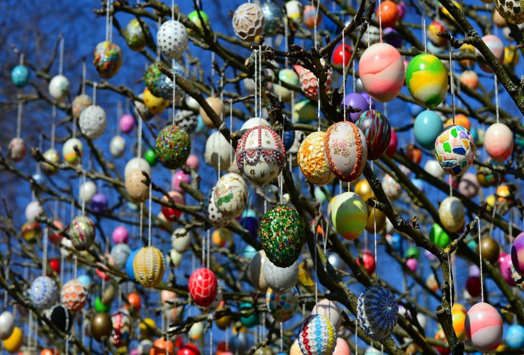 The Easter egg tree custom, pictured here in Saalfeld, Germany, has gained some ground in the United States. 