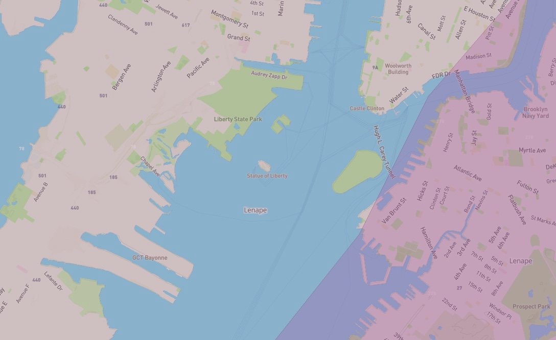 The map shows that the Statue of Liberty was built on Lenape land.