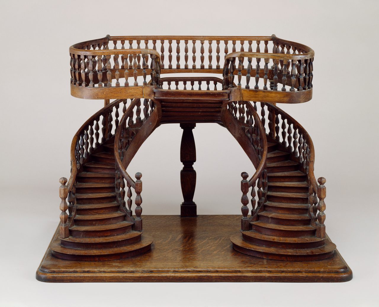  Staircase Model (France), mid–late 19th century; carved, joined, turned, bent, and planed oak; H x W x D: 52 x 71 x 44 cm (20 1/2 x 27 15/16 x 17 5/16 in.); Gift of Eugene V. and Clare E. Thaw; 2007-45-10