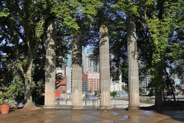 The namesake pillars of Seattle’s Plymouth Pillars Park.