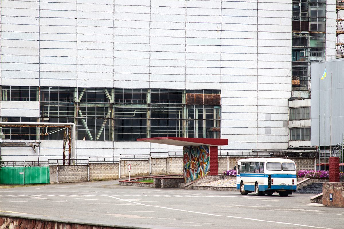 Buses ferry staff to the entrance of Chernobyl NPP.