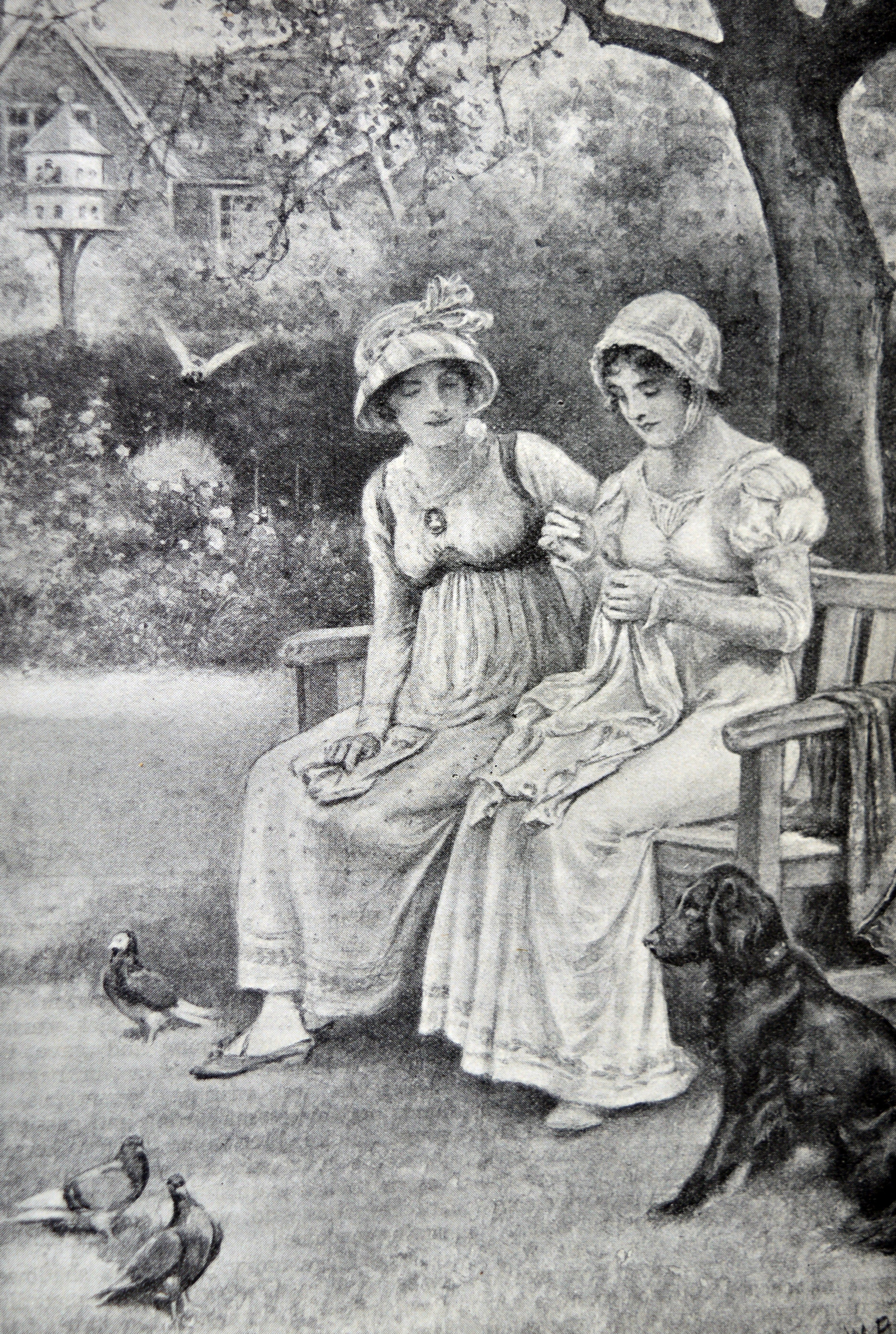 Engraving of Jane Austen and her sister Cassandra doing needlework in the rectory garden.