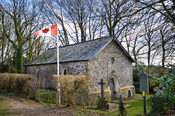 Wolford Chapel, with its Canadian flag outside.