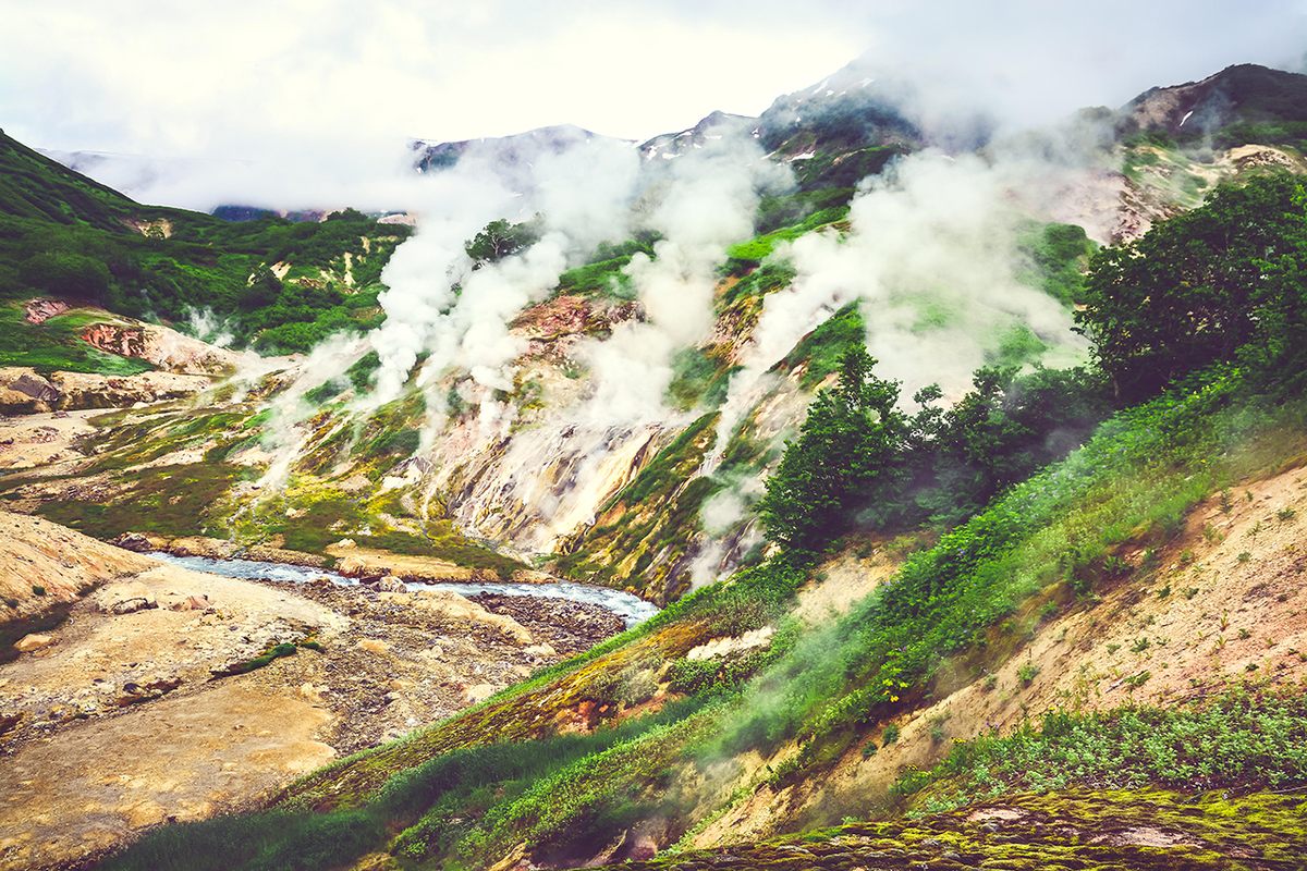 The Valley of Geysers in Kamchatka, Russia, during the summer.