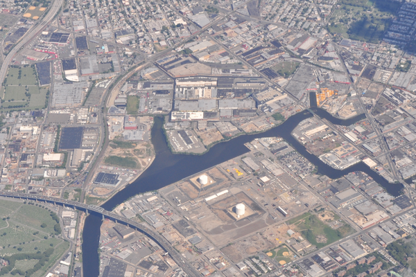 In this image looking southeast at the border between Queens and Brooklyn, the area briefly known as Haberman is at center-left, beside Newtown Creek.
