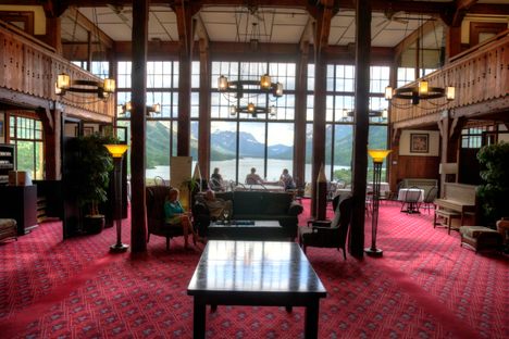 Lobby of Prince of Wales Hotel with view of Waterton Lake