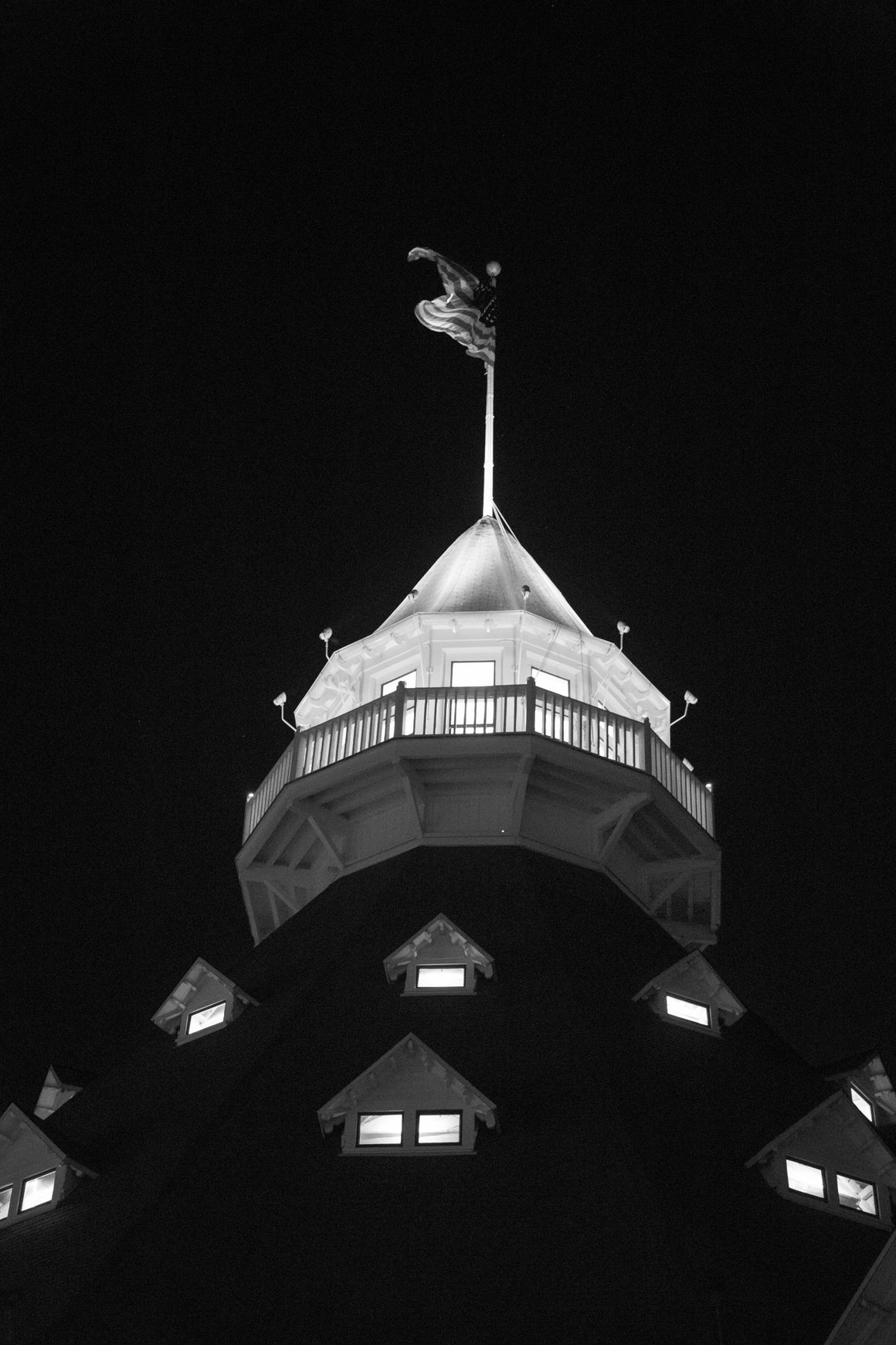 The famous Victorian turret and tower seen at night.