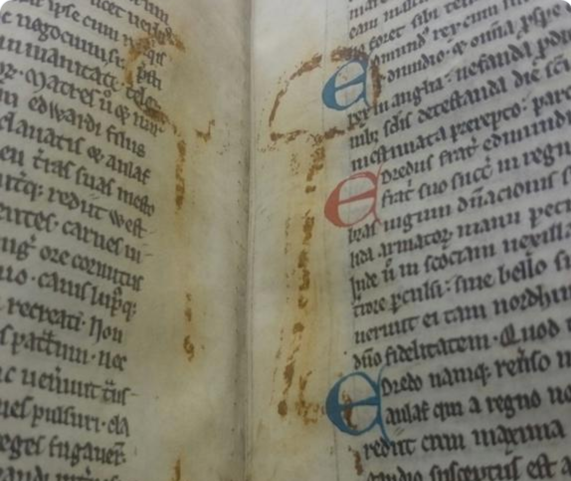 A rusty key left its mark inside this 12th century manuscript of Henry of Huntingdon's <i>History of the English</i>.