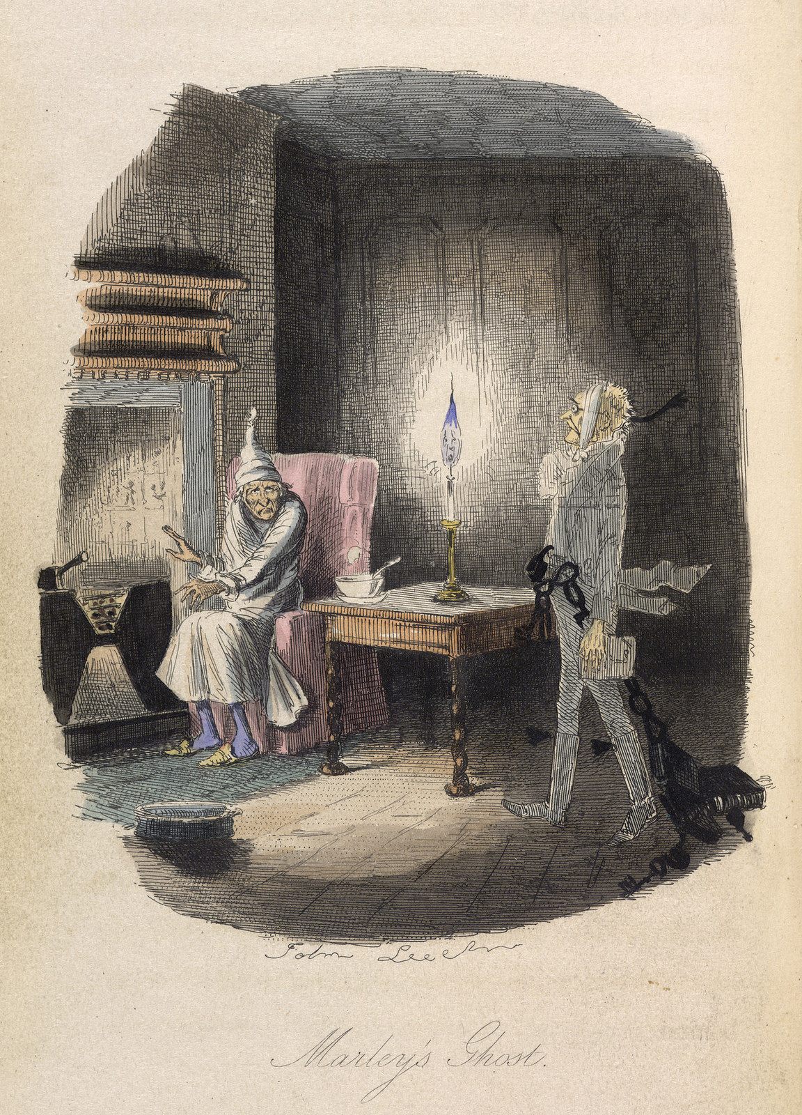 An 1843 illustration of Ebenezer Scrooge visited by a ghost, from <em>A Christmas Carol</em>.