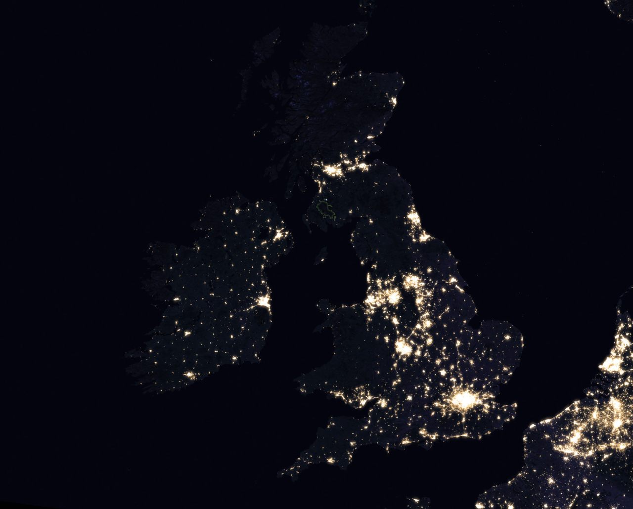 A NASA Earth Observatory image of the British Isles at night.