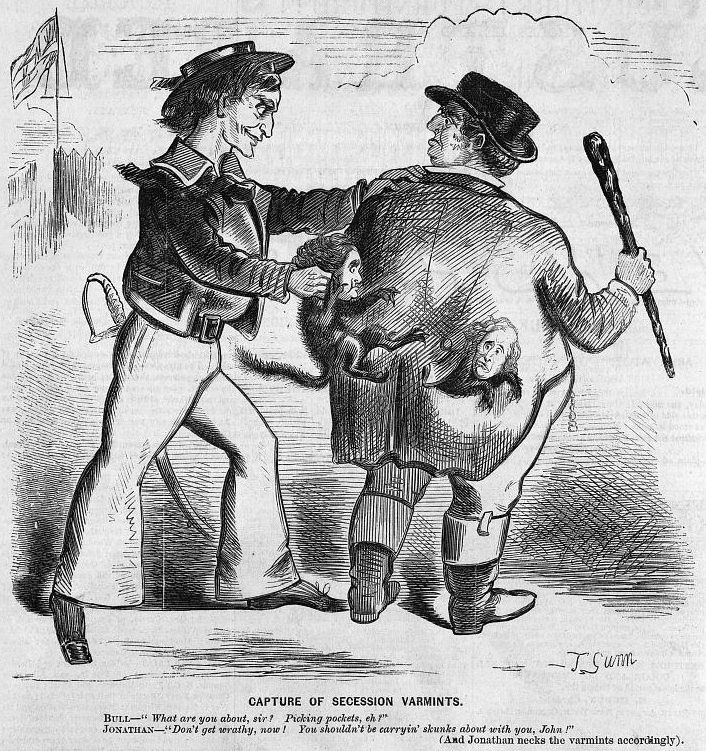 Brother Jonathan pulling skunks (caricatures of southern secessionists) out of the back pockets of John Bull.