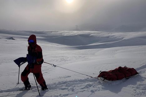 Harpreet Chandi took 40 days to complete her solo 700-mile trek to the South Pole, skiing while pulling a 200-pound pulk, or cargo sled. Here, she trains for the adventure in Norway.