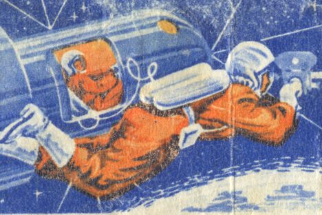 A 1965 stamp depicting cosmonaut Alexey Leonov on the first space walk.