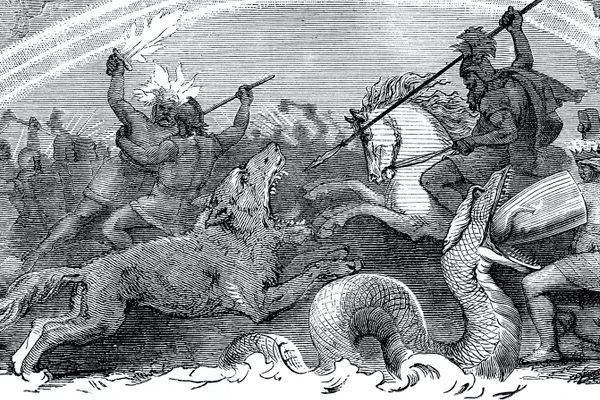 (Detail) This 1882 engraving of Ragnarok shows Odin mounted on a horse fighting the wolf Fenrir. 