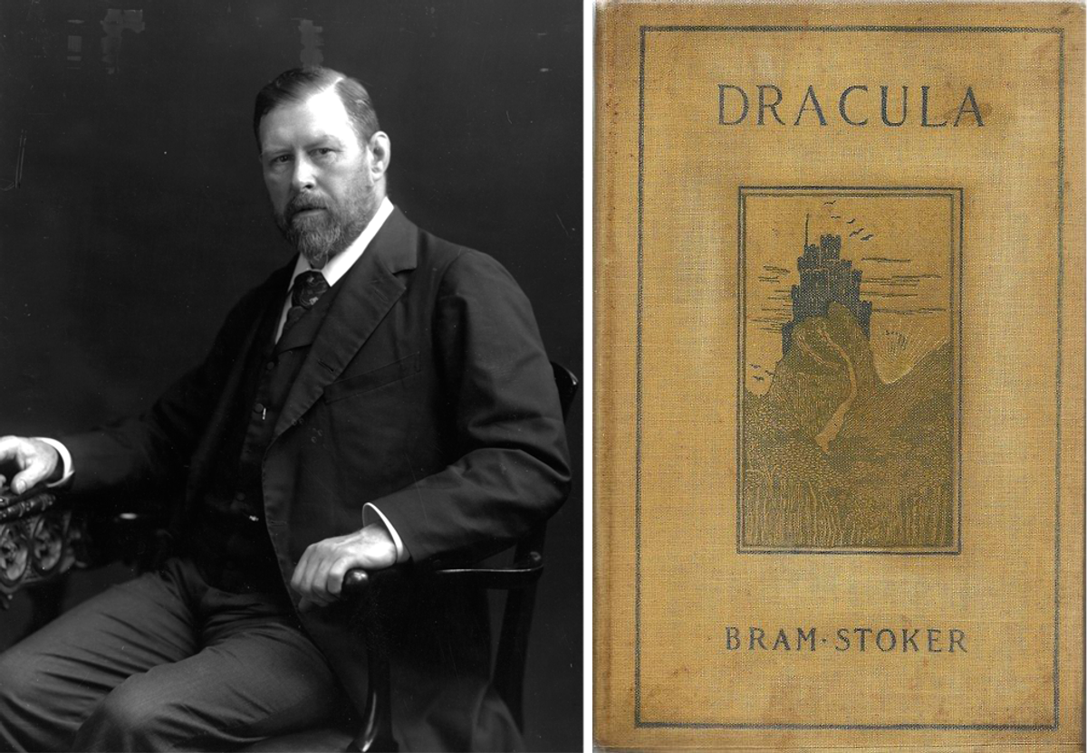 Author Bram Stoker and the first American edition of <em>Dracula</em>, published in 1899.