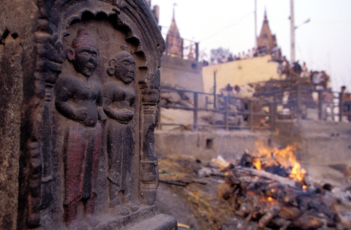 A sati stone at a funeral ghat in the city of Varanasi.