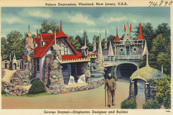 An illustration (1930-1945, exact date unknown) of the original Palace of Depression and its creator, George Daynor. 