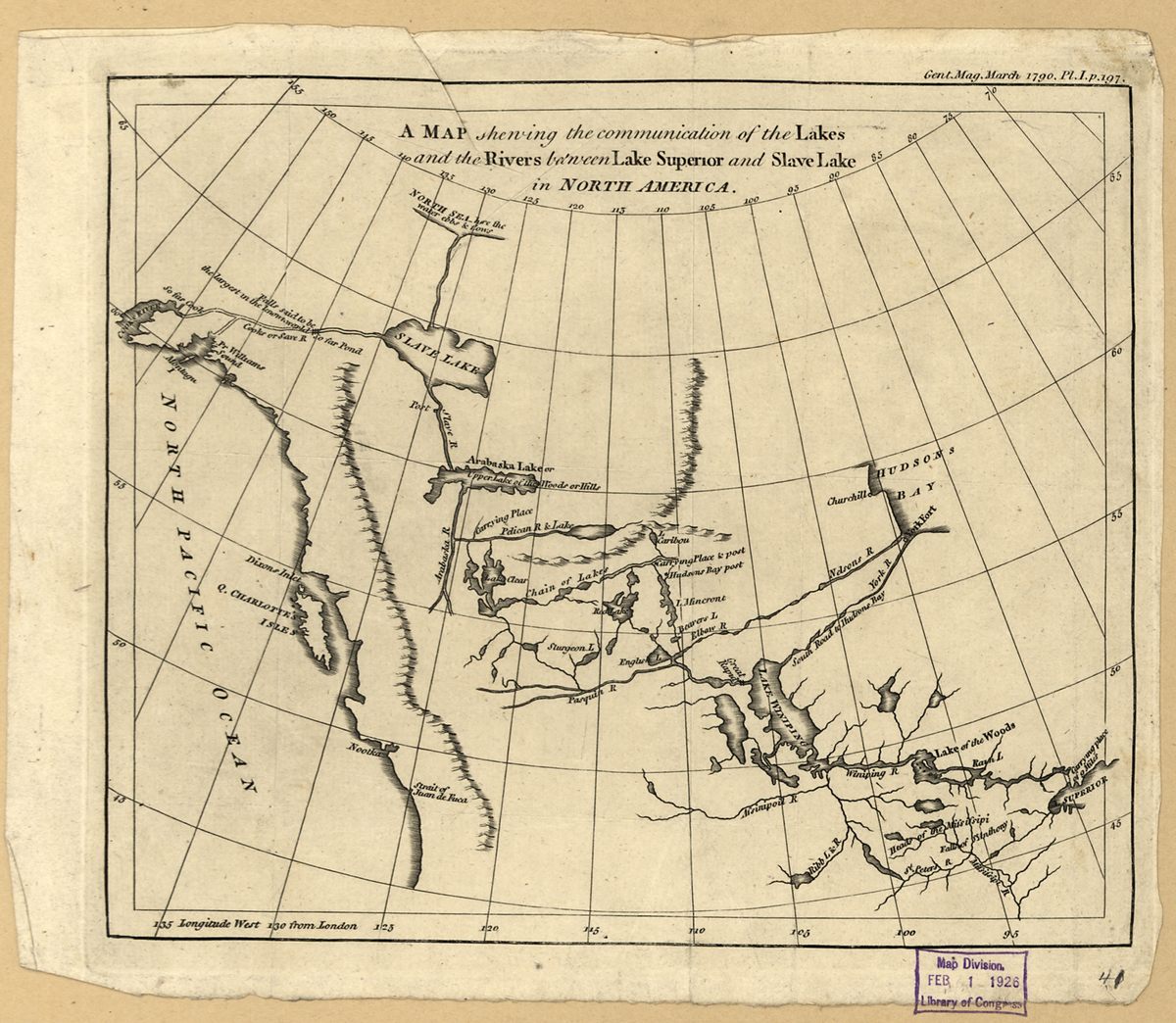 A map showing the lakes and rivers between Lake Superior and Slave Lake in North America. 
