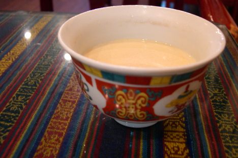 Tibetan tea is made with tea, yak butter, and salt.