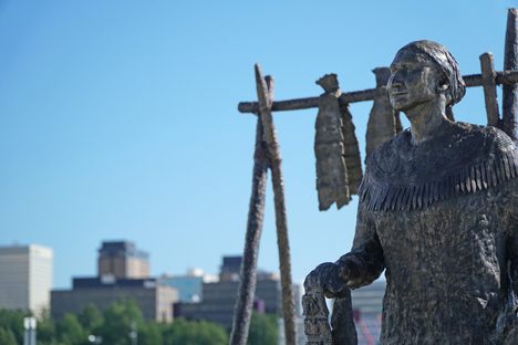 A bronze statue of “Grandma Olga,” an important Dena’ina matriarch, near Ship Creek 
