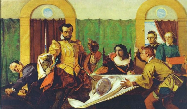 In <em>The Taming of the Shrew</em>, Petruchio sends plates flying at dinner.