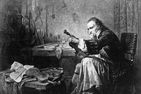 A 1920s imagining of the 18th-century luthier Antonio Stradivari examining an instrument. 
