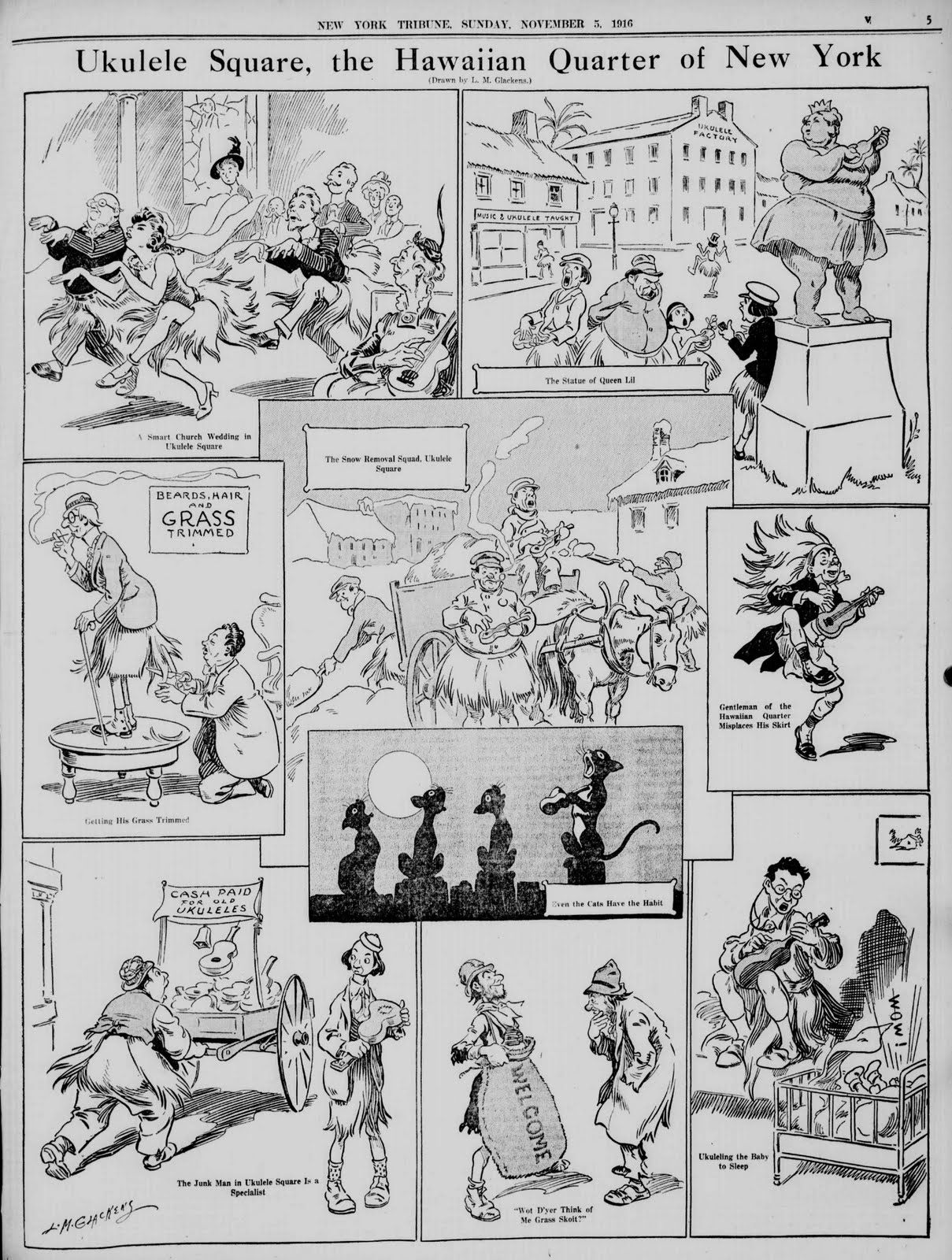 A set of cartoons from 1916, mocking the so-called "Ukulele Craze."