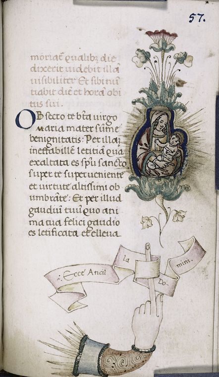 An elaborate manicule that forms part of the illustration, pointing towards the Virgin Mary and Jesus. The Latin words <em>Ecce Ancilla Domini</em> translate to "Behold the handmaid of the Lord."