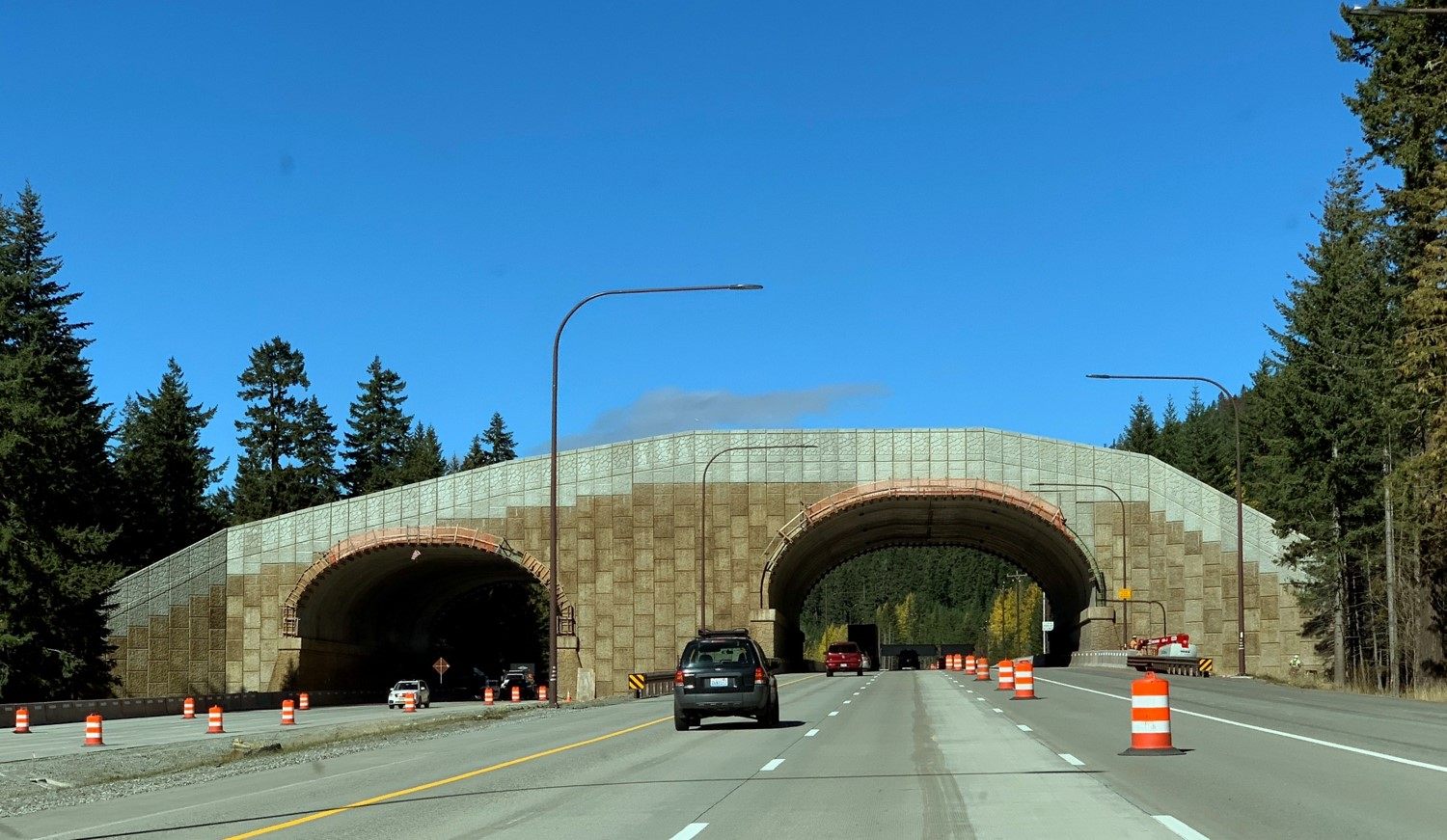 The wildlife crossing soars above the highway.
