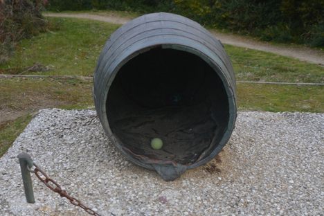 Inside the barrel as part of the statue. The ball is not part of the installation.