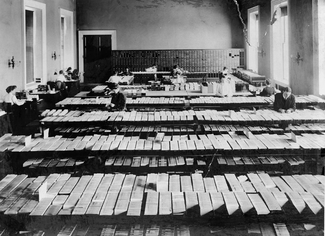Librarians working in Card Division, Library of Congress, Washington, early 20th century.