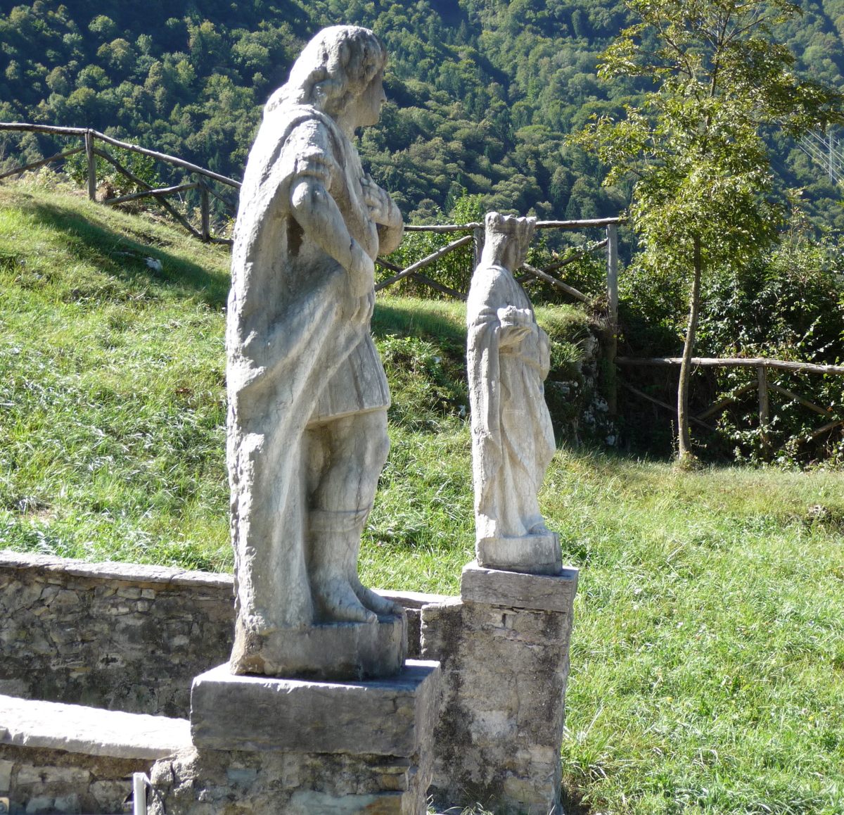 Statues of Saints Corona and Victor at their Basilica in Italy.