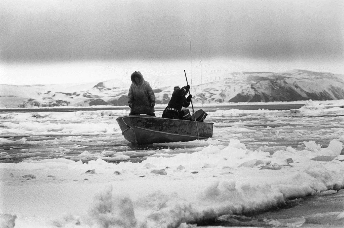 Toksook Bay seal hunters George Chimigak and James Charie near Nelson Island in 1980.