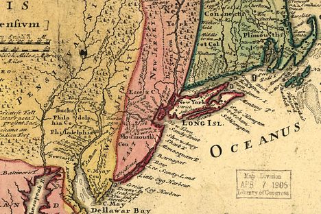A German map from 1759 shows the border between East and West Jersey, separating the pink and yellow areas. 