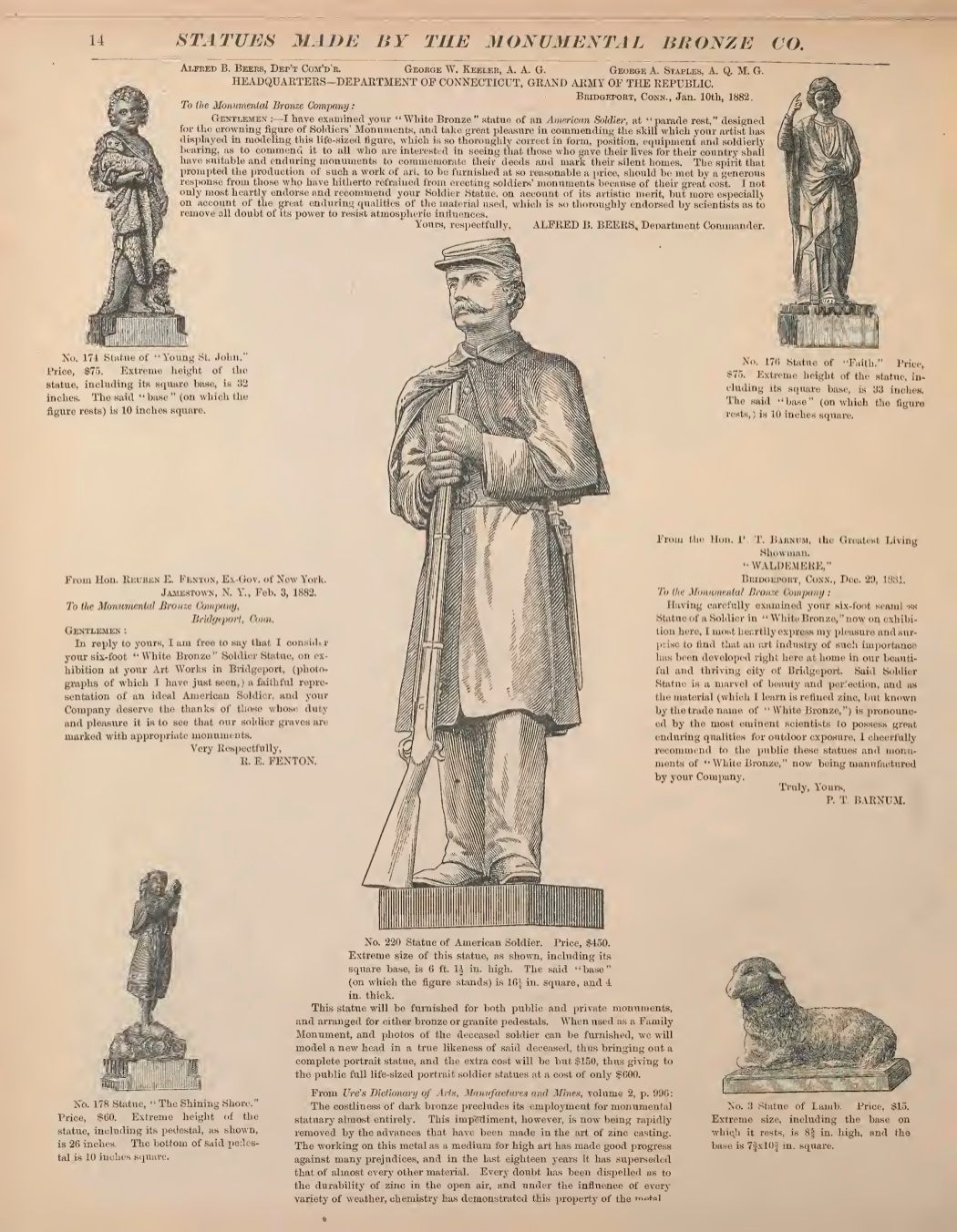 The soldier page of Monumental Bronze Co.'s 1882 catalog, completed with drawings and testimonials.