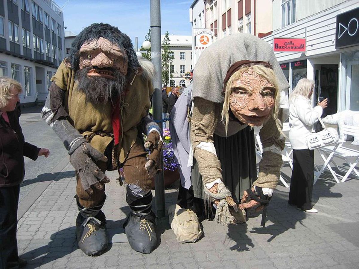 Folklore figures of Grýla and Leppalúði on the main street of Akureyri, Iceland.