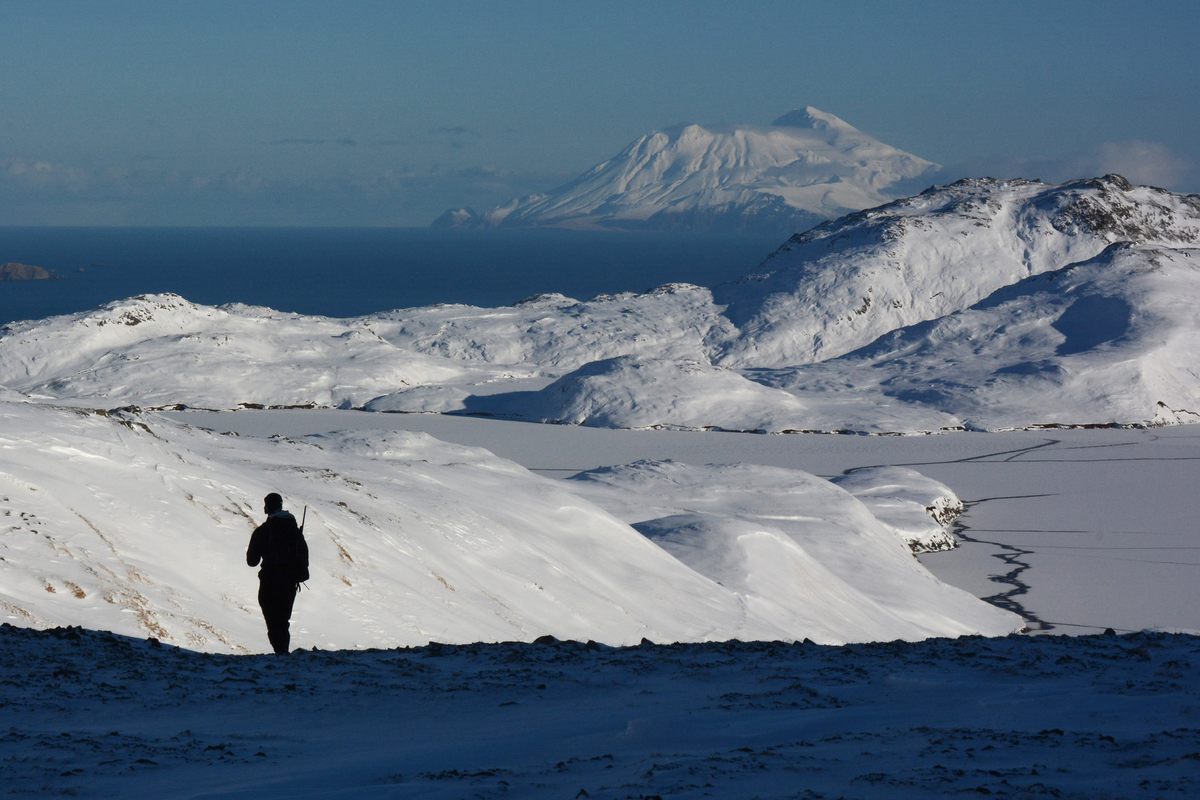 Great Sitkin can be seen on the horizon, here in 2014, before the volcano stirred back to life, from neighboring Adak Island.