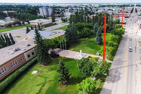 An aerial view of Lloydminster City Hall with the border markers along the border