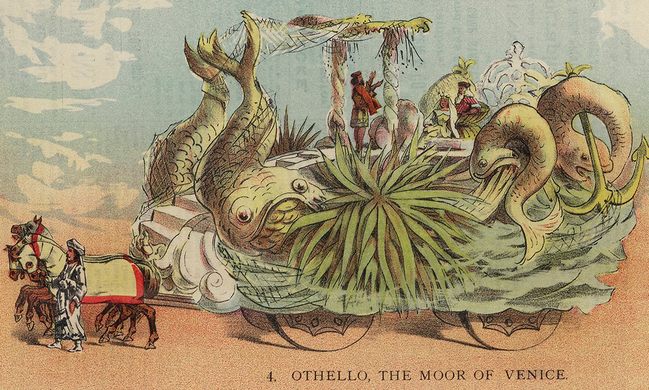 Illustration of a Venice-themed Mardi Gras float with Shakespeare's Othello