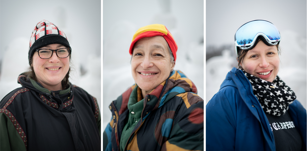 From left: Team Kwe captain Heather Friedli, Fern Naomi Renville, and Maggie Thompson. Newcomer Renville joined the team as a substitute at the last moment for the 2024 Minnesota State Snow Sculpting Competition.