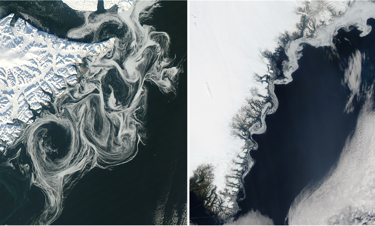 The East Greenland Current creates stunning swirls of brash ice each year, including in 2012 (left) and 2015 (right).