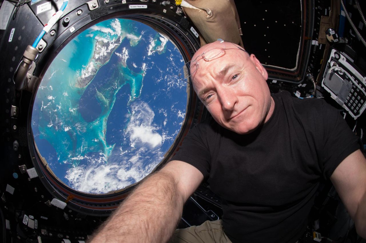 Astronaut Scott Kelly inside the Cupola, a special module in the International Space Station that provides a 360-degree view of Earth.