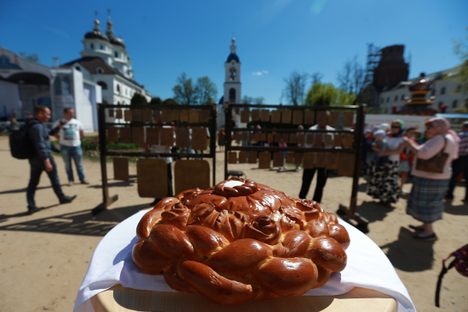 Karavai, a traditional Slavic loaf of bread, baked at the Khleb-da-Solba charity festival of traditional food and culture at the Convent of St Nicholas.