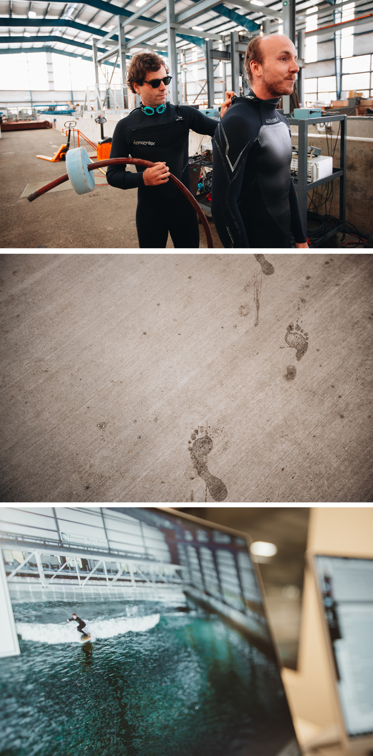 Emerald Tutu's Gabriel Cira (in sunglasses) and Tyler McCormack (top); the lab's staff and visiting scientists are making strides toward a more sustainable future—and leaving wet footprints (middle); photos around the lab attest to the facility's occasional recreational use (bottom).
