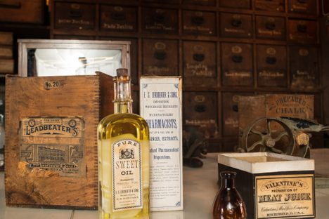 The label for Meat Juice (bottom right) often attracts visitors' attention at the Apothecary Museum.