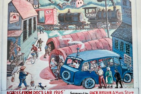 Whimsical mural “Across from Doc’s Lab 1986”