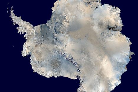 The newly described volcanoes are under the ice from the Ross Ice Shelf to the Antarctic Peninsula, on the left side of this composite satellite image. 