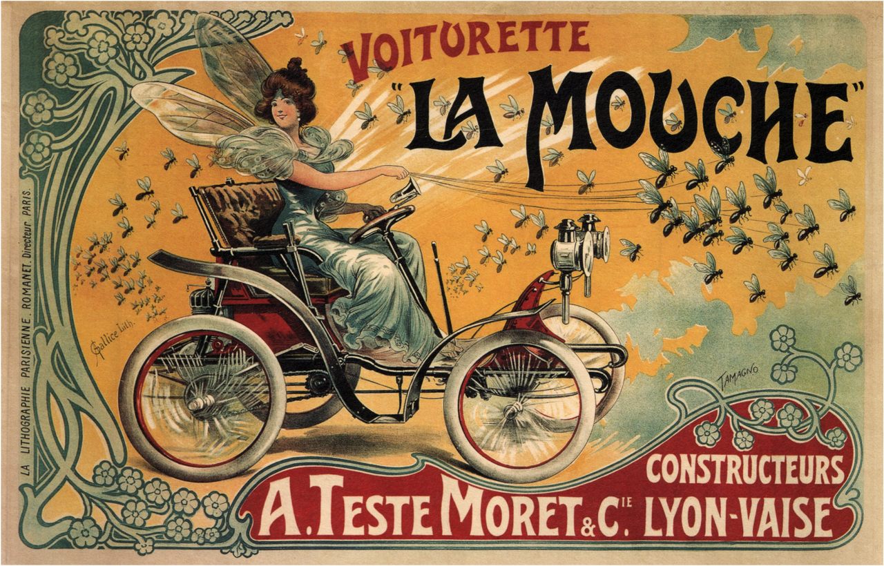 A vintage car advertisement from 1900 shows a winged woman driving.