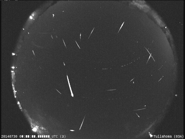 When meteoroids drop into Earth's atmosphere, they become known as meteors. This composite image captures the active meteor showers over Alabama on July 30, 2014.