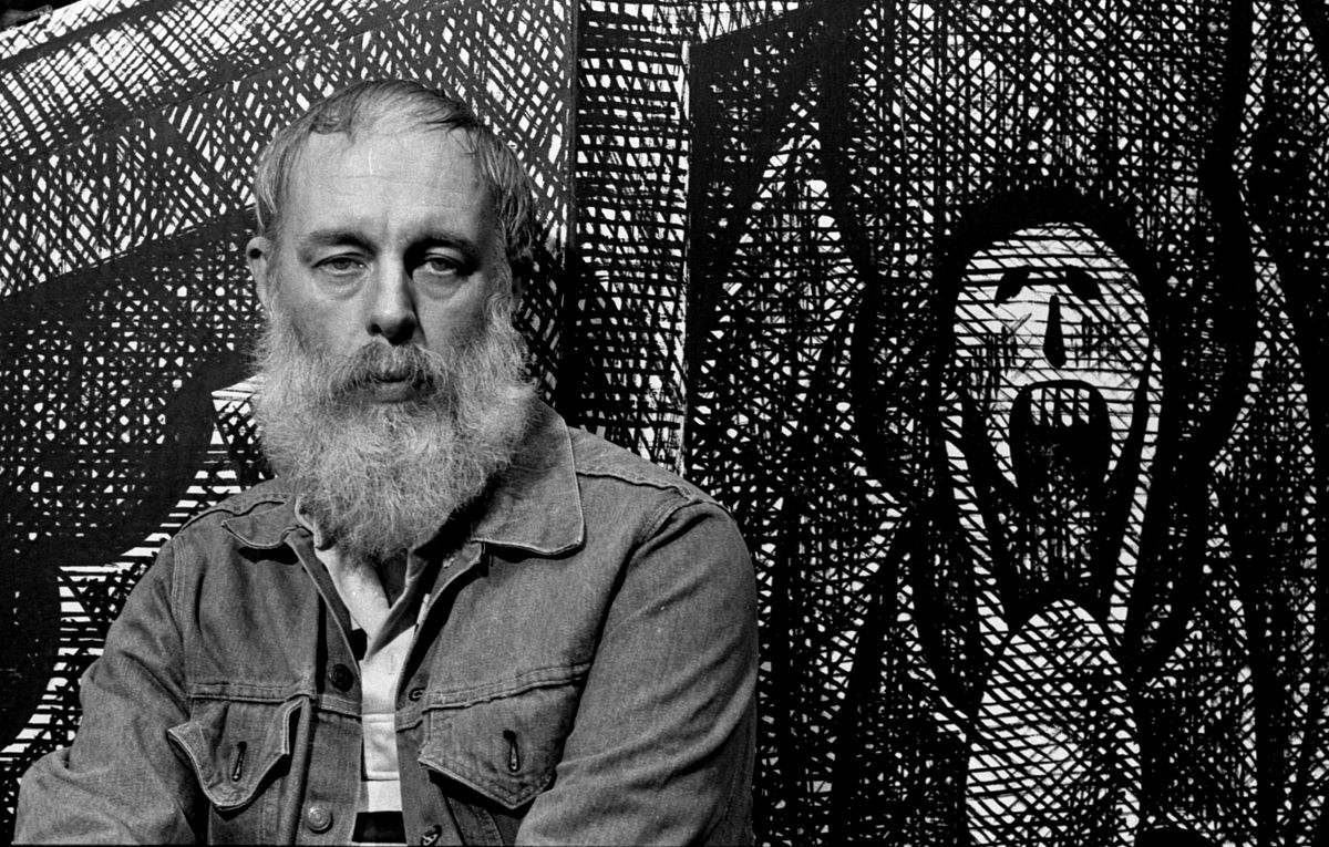 Edward Gorey in 1977, on the set he designed for a stage production of <em>Dracula</em> on Broadway.